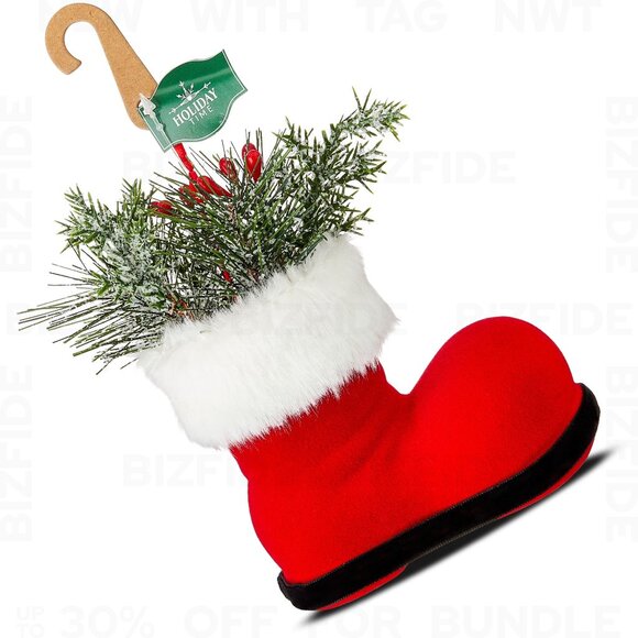 Floral Santa Boot Christmas Ornament With Realistic Greenery & Snow - Picture 5 of 5